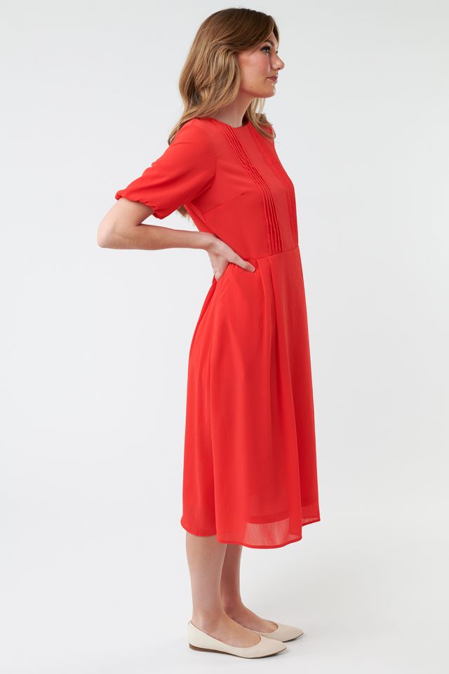 Dress Puff Sleeve Pin Tuck Tomato Red